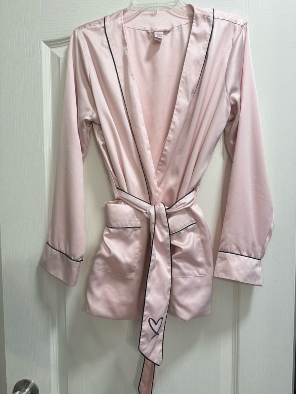 Victoria's Secret Light Pink Satin Robe with Black Trim